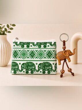 Bundle Green Thai Elephant Zipper Pouch + Wooden Elephant Keychain